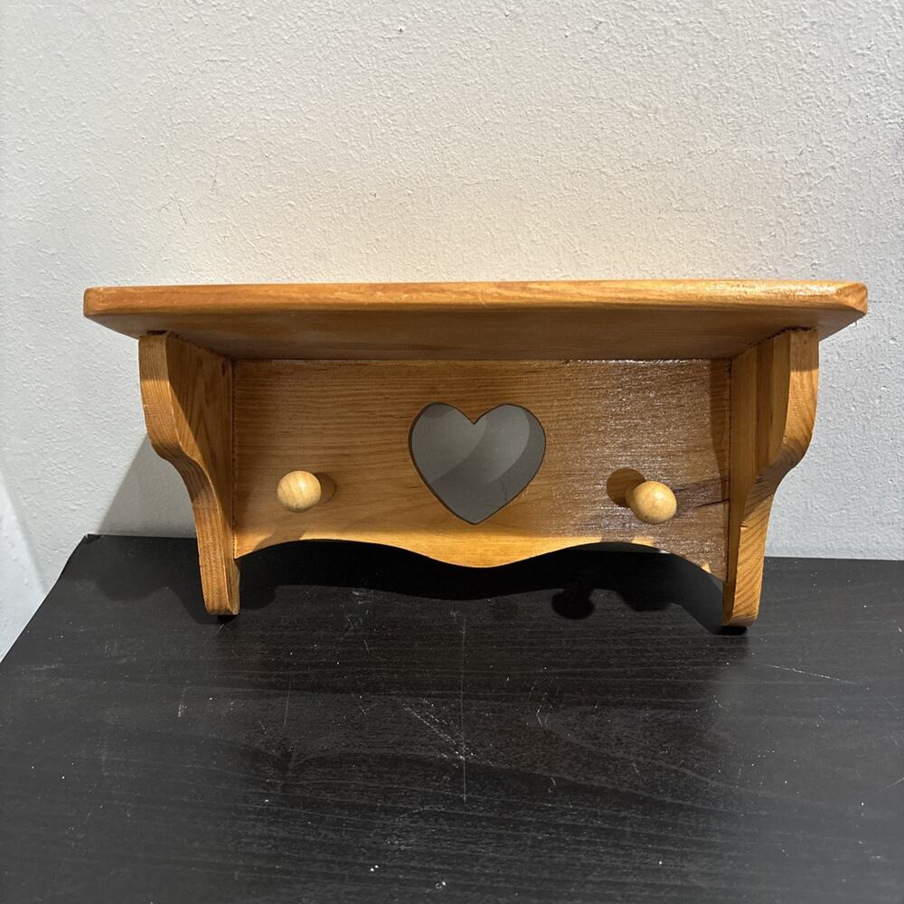9" Wooden Heart Cutout Shelf w/ 2 Pegs Wall Hanging Wood Rustic Cottage Country